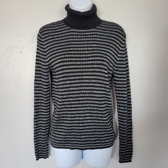 The Limited Women's Large Turtleneck Top Black Metallic Silver Stripes Shirt - Picture 1 of 6